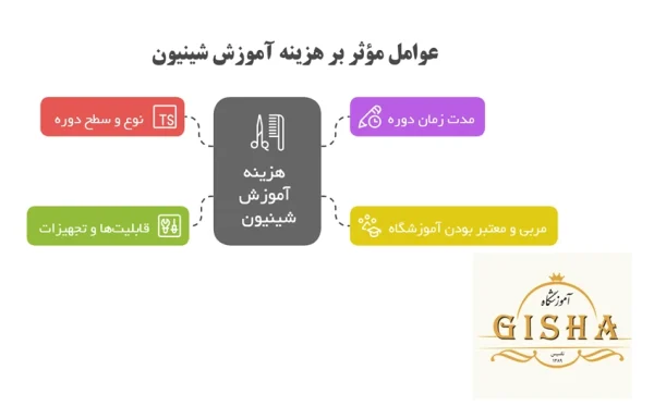 در این عکس در یک نمای کلی عوامل موثر یر هزینه آموزش شینیون مو نام برده شده است